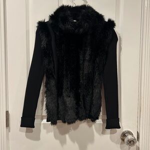 Cache Black Faux Fur Trim Ribbed Knit Jacket – Size Medium